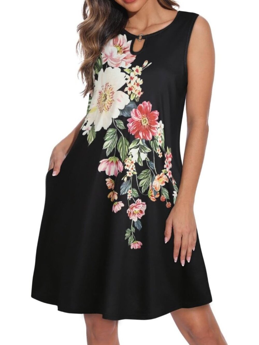 Women's Summer Sleeveless Sundress Floral Loose Fit Cover Up Black Floral